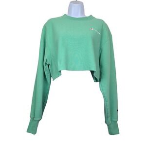 Champion Womens Seafoam Green Reverse Weave Raw Hem Cropped Sweatshirt Size S